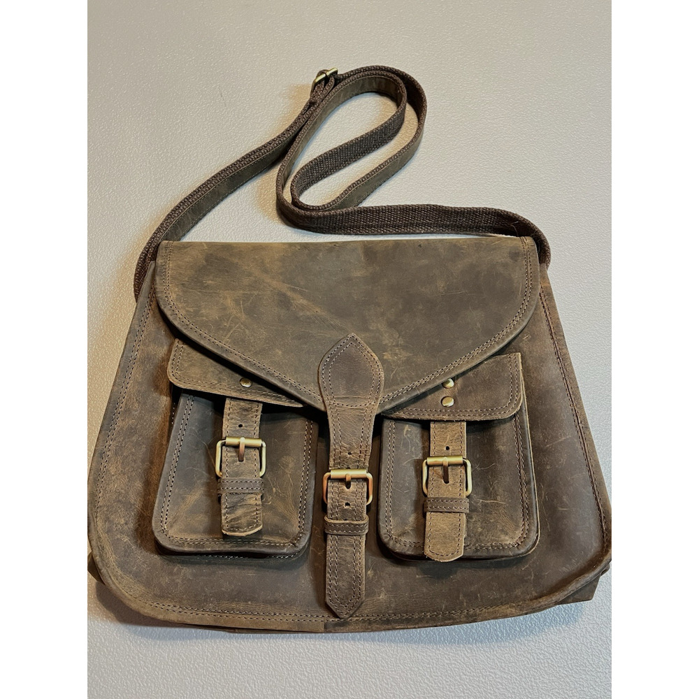 Brown Leather Messenger Bag Satchel Crossbody Distressed Pockets Buckle Accents - Picture 12 of 16